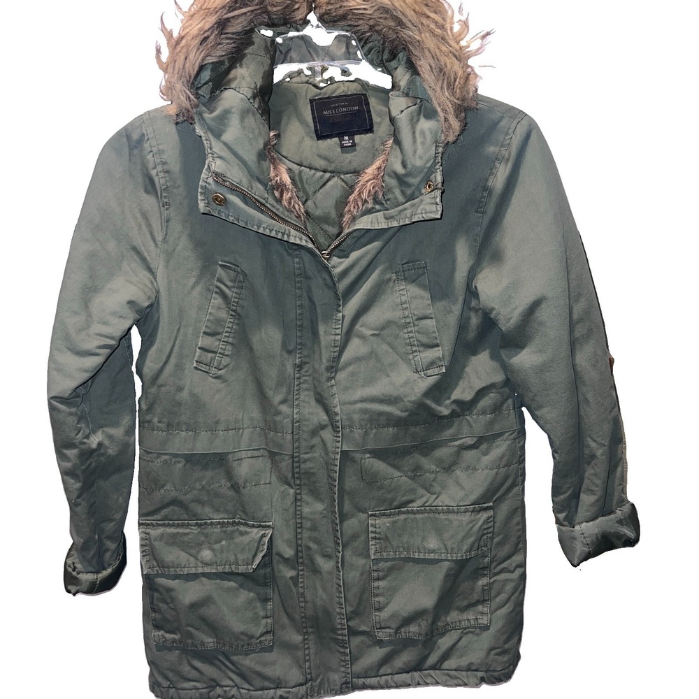 Miss London Parka Quilted Jacket M Green Full Zip Faux Fur Trim Hooded Coat